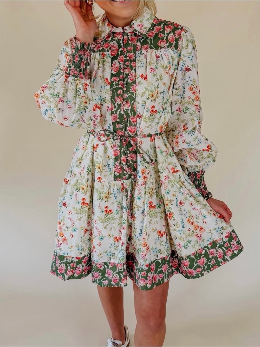 FATE Floral Tiered Button-Front Dress with Green Trim